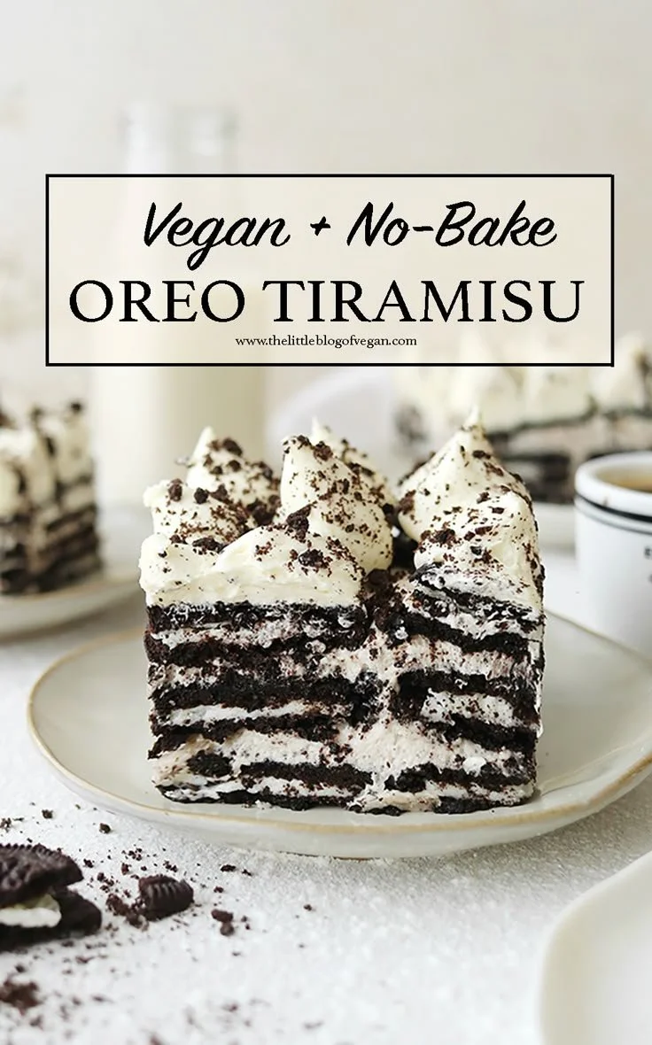 Easy vegan Oreo tiramisu dessert with layers of creamy filling and chocolate cookies