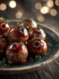 Spooky eyeball meatballs served on a plate for Halloween dinner