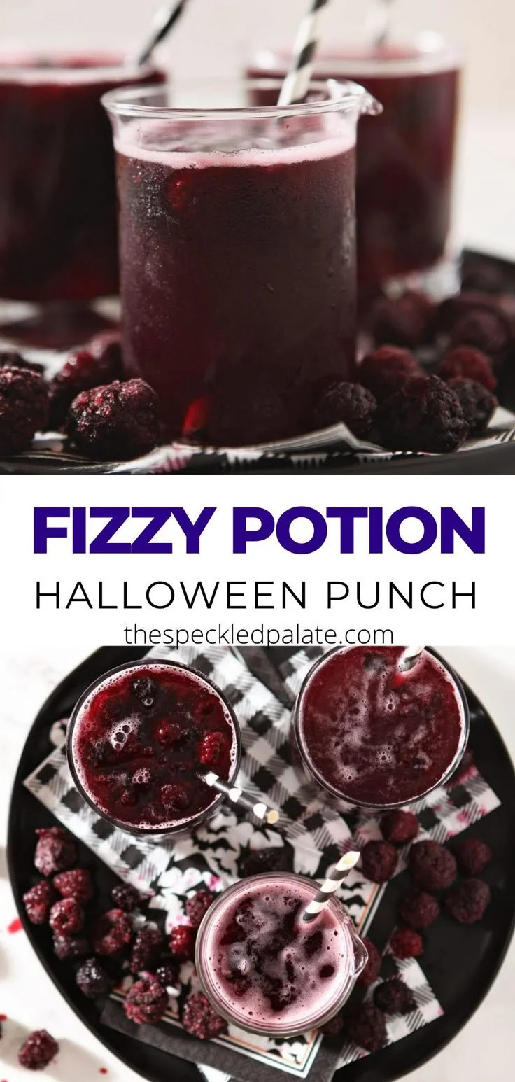 Fizzy Purple Potion Halloween Punch served in a spooky glass with Halloween decorations.