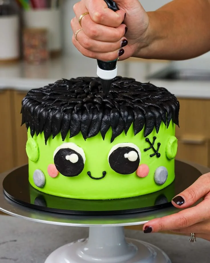 Homemade Frankenstein Cake for Halloween party with kids.