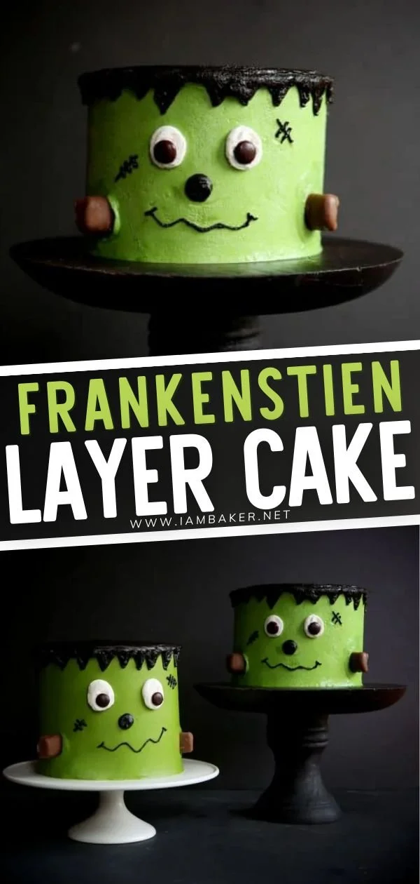 Delicious Frankenstein Layer Cake decorated for Halloween
