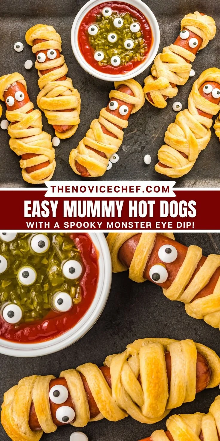Mummy dogs made with hot dogs and crescent rolls, perfect Halloween snacks.