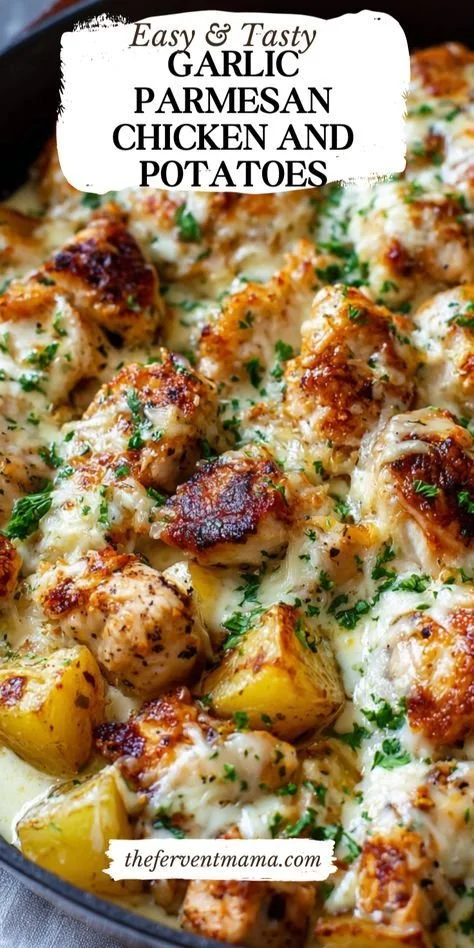 Garlic Parmesan Chicken with roasted potatoes on a plate