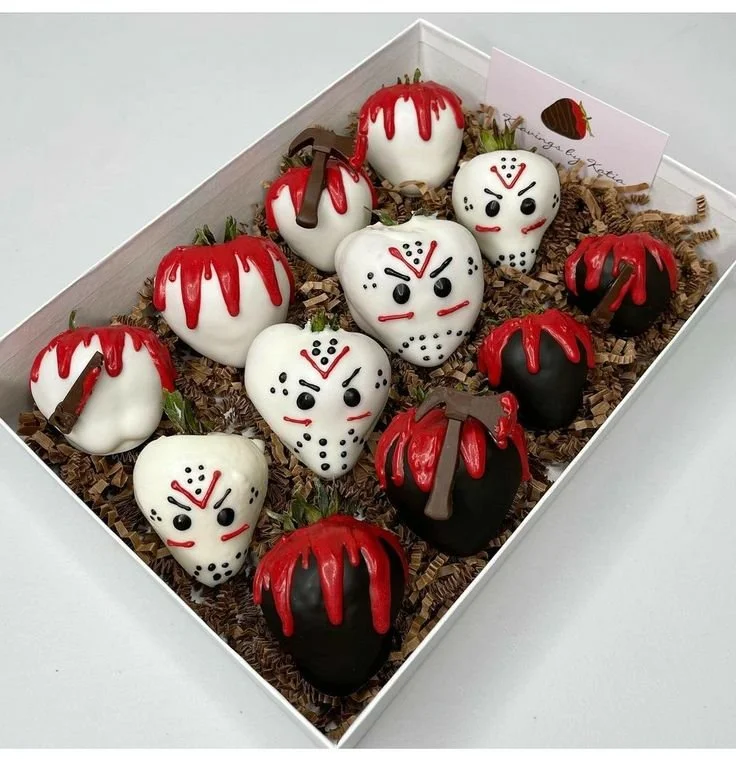 Ghostface strawberries decorated for Halloween festivities