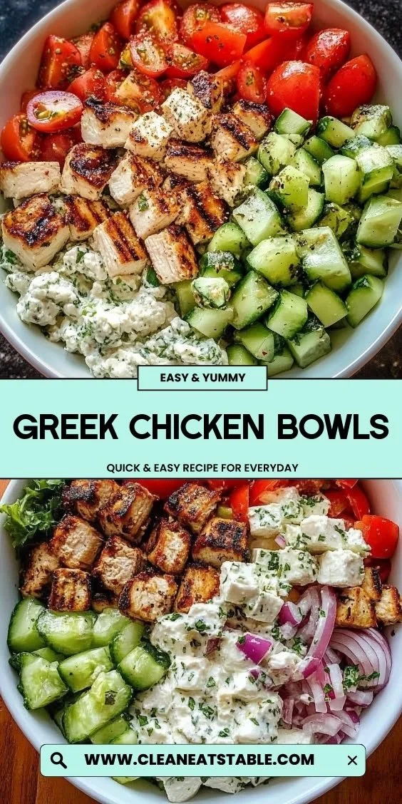 A vibrant Greek Chicken Bowl with fresh veggies and herbs, showcasing Mediterranean flavors.