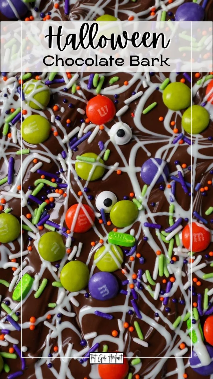 Delicious Halloween chocolate bark decorated with spooky treats
