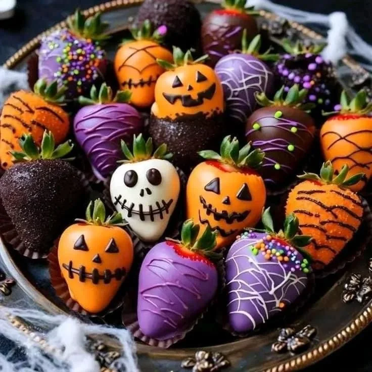 Halloween chocolate dipped strawberries decorated for spooky festivities