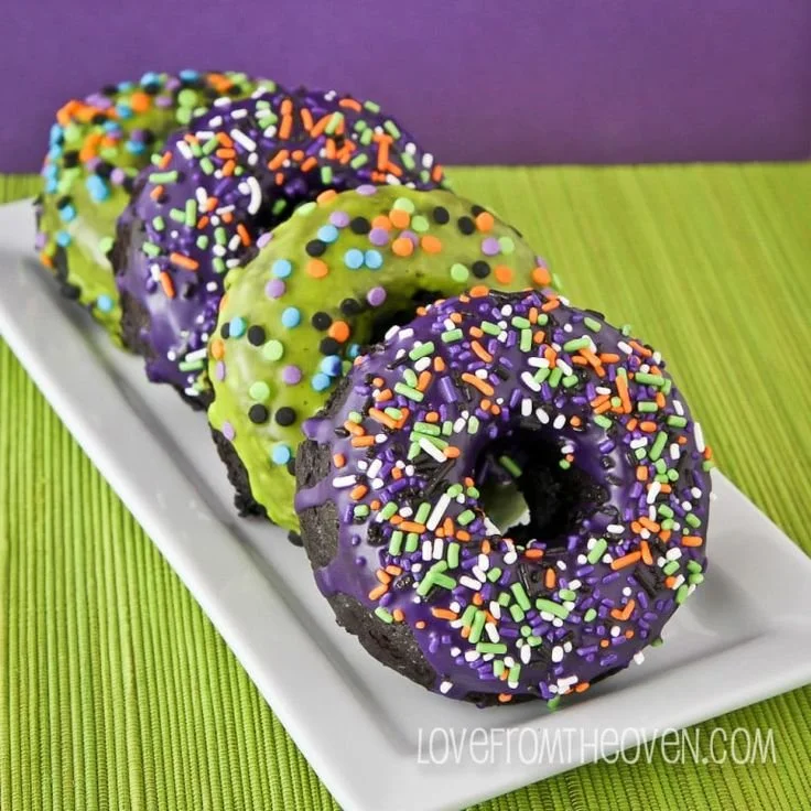 Halloween chocolate sour cream donuts with festive decorations