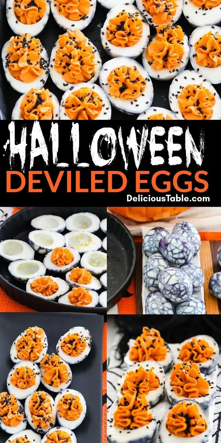 Halloween deviled eggs decorated with spooky designs for a festive celebration
