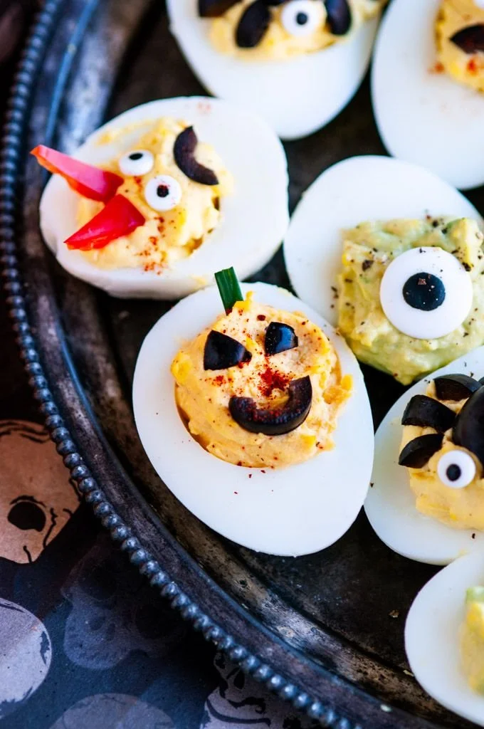 Spooky Halloween deviled eggs served on a plate