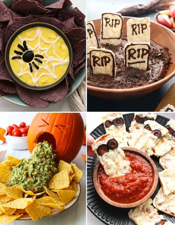 Colorful Halloween dips displayed on a spooky-themed table for party events.