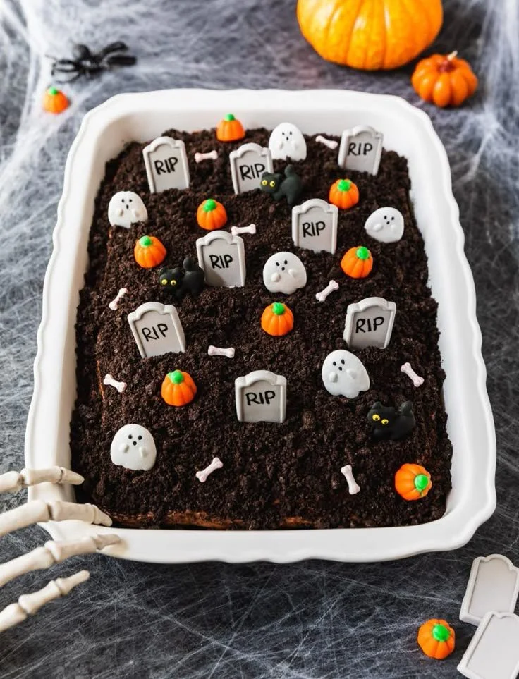 Halloween Graveyard Cake with chocolate dirt and spooky decorations