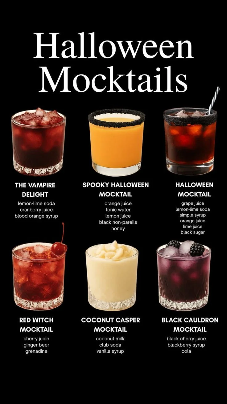 Colorful Halloween mocktails in spooky themed glasses for a festive party