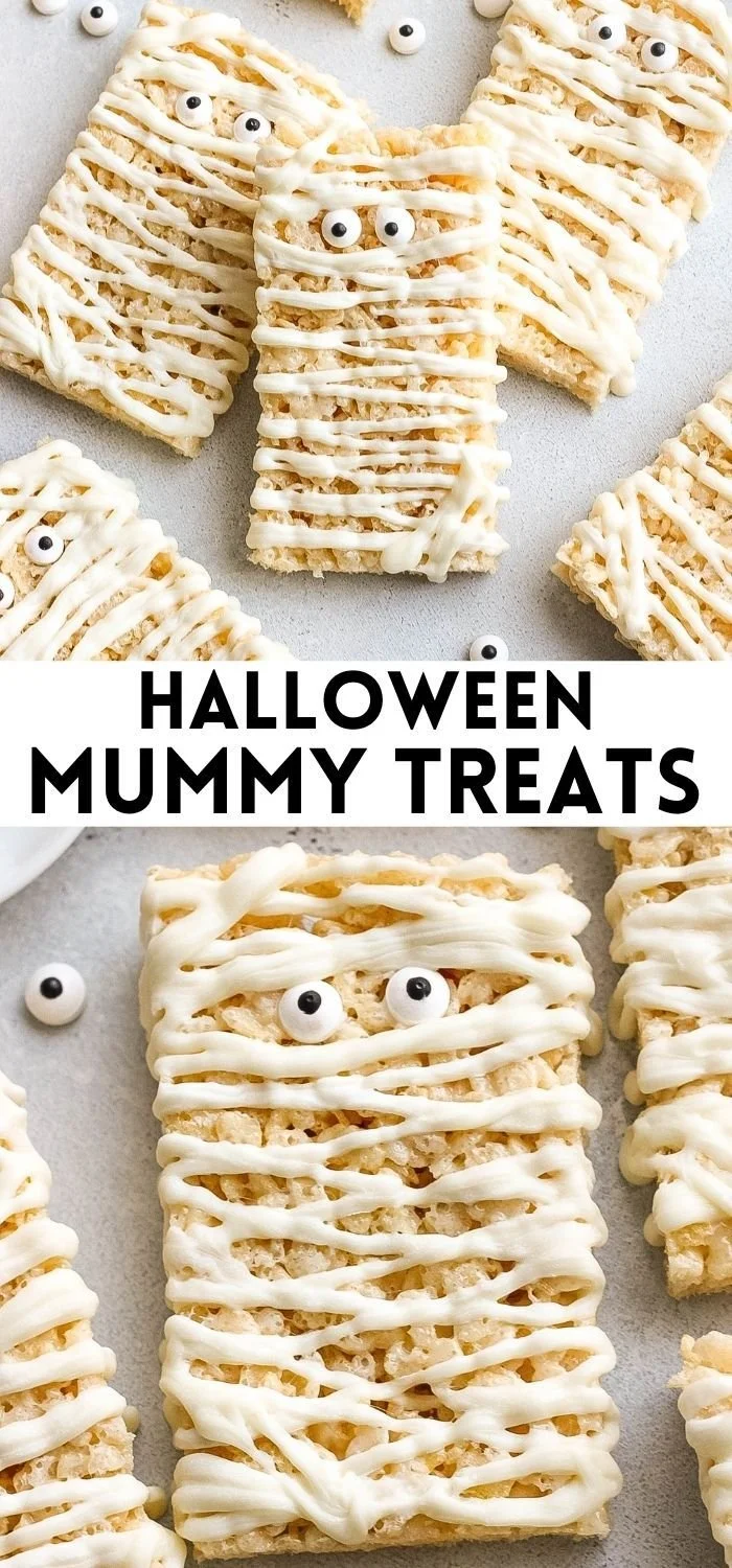 Halloween mummy treats made with chocolate and candy eyes