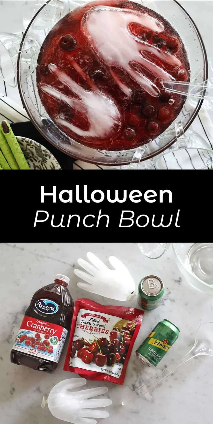 Festive Halloween Punch Bowl filled with spooky drinks and garnishes