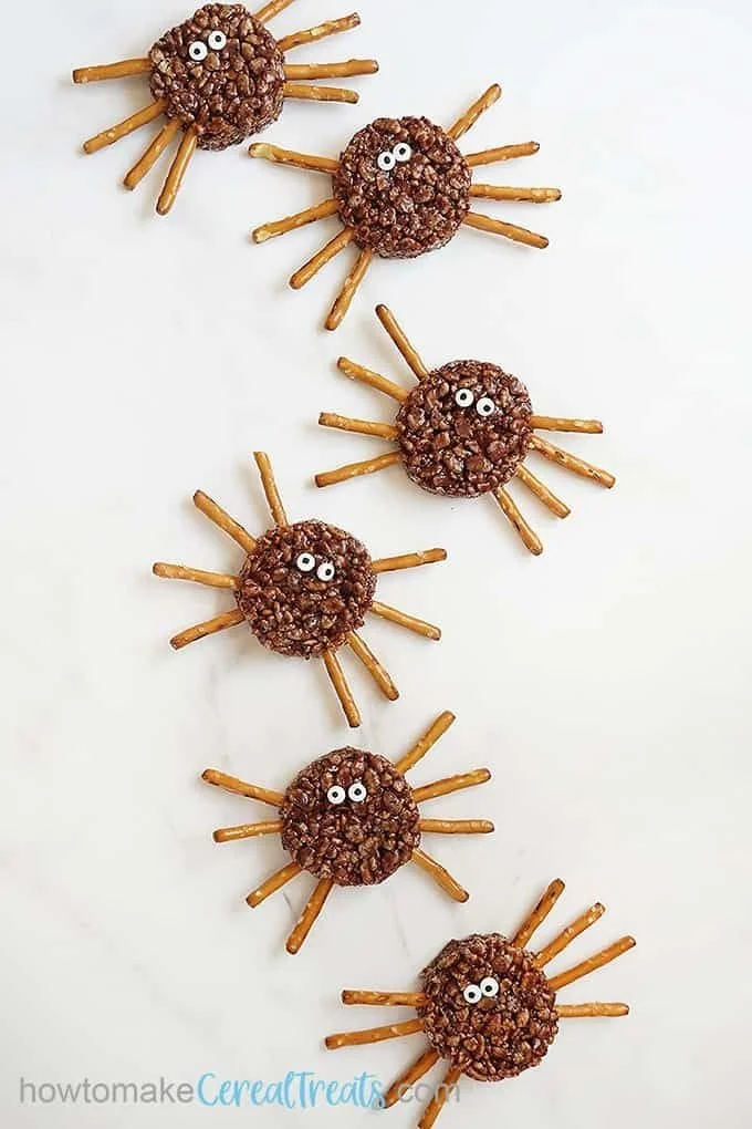 Halloween Rice Krispie Treats shaped like spooky spiders
