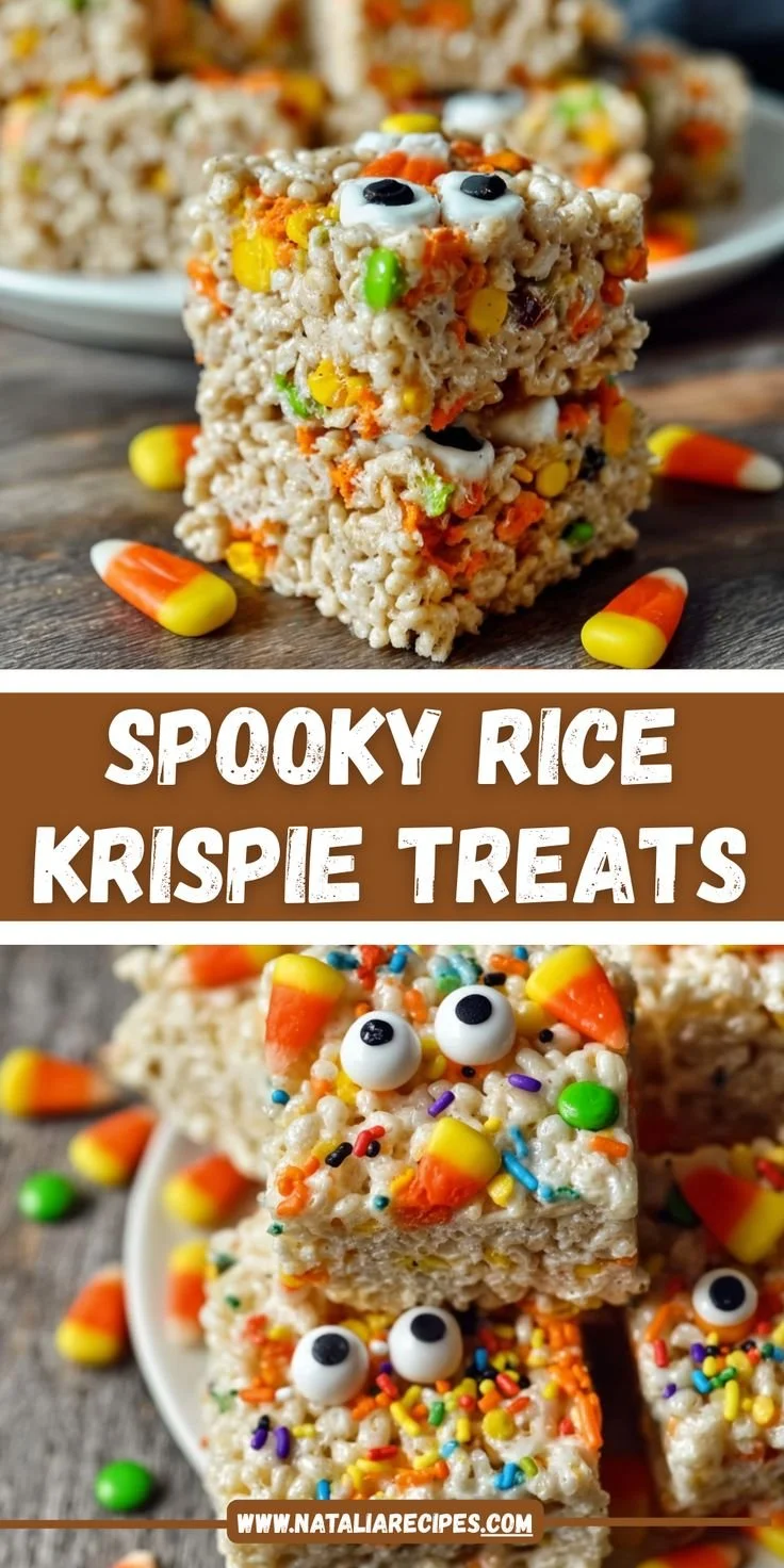 Colorful Halloween Rice Krispie Treats decorated with candy and spooky designs.