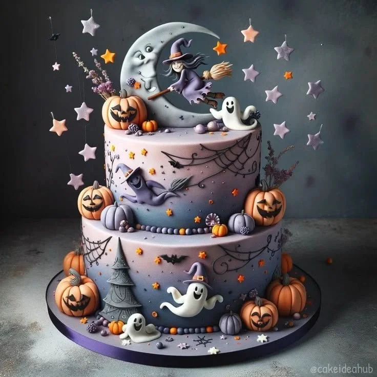 Halloween-themed three-tiered cake design showcasing spooky decorations.