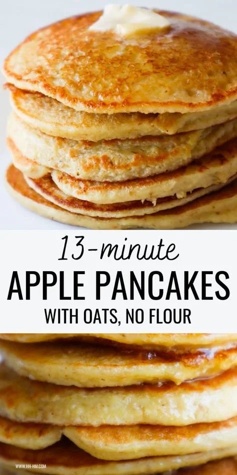Plate of healthy oatmeal apple pancakes topped with fresh apples and syrup