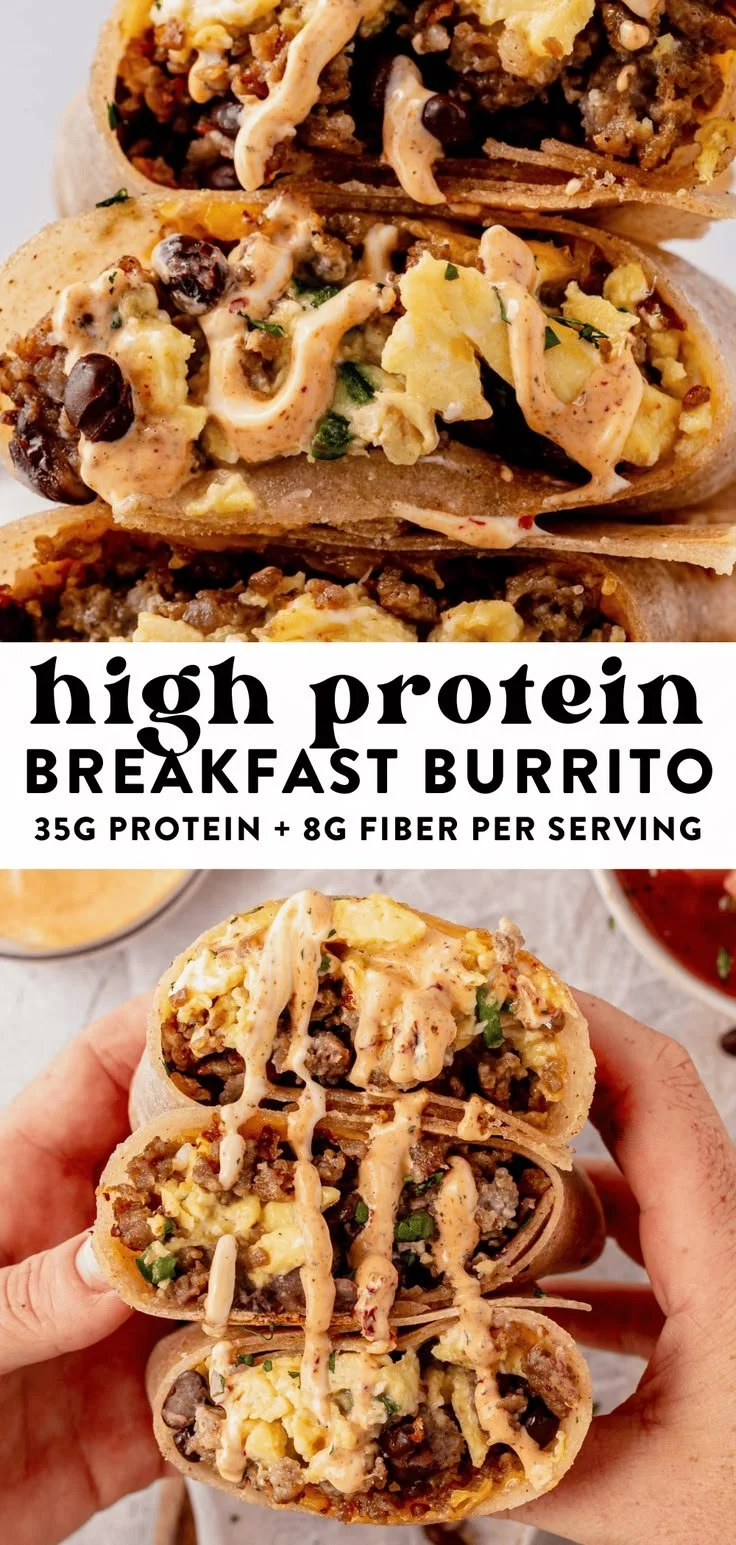 Delicious high-protein breakfast burrito with eggs, beans, and avocado