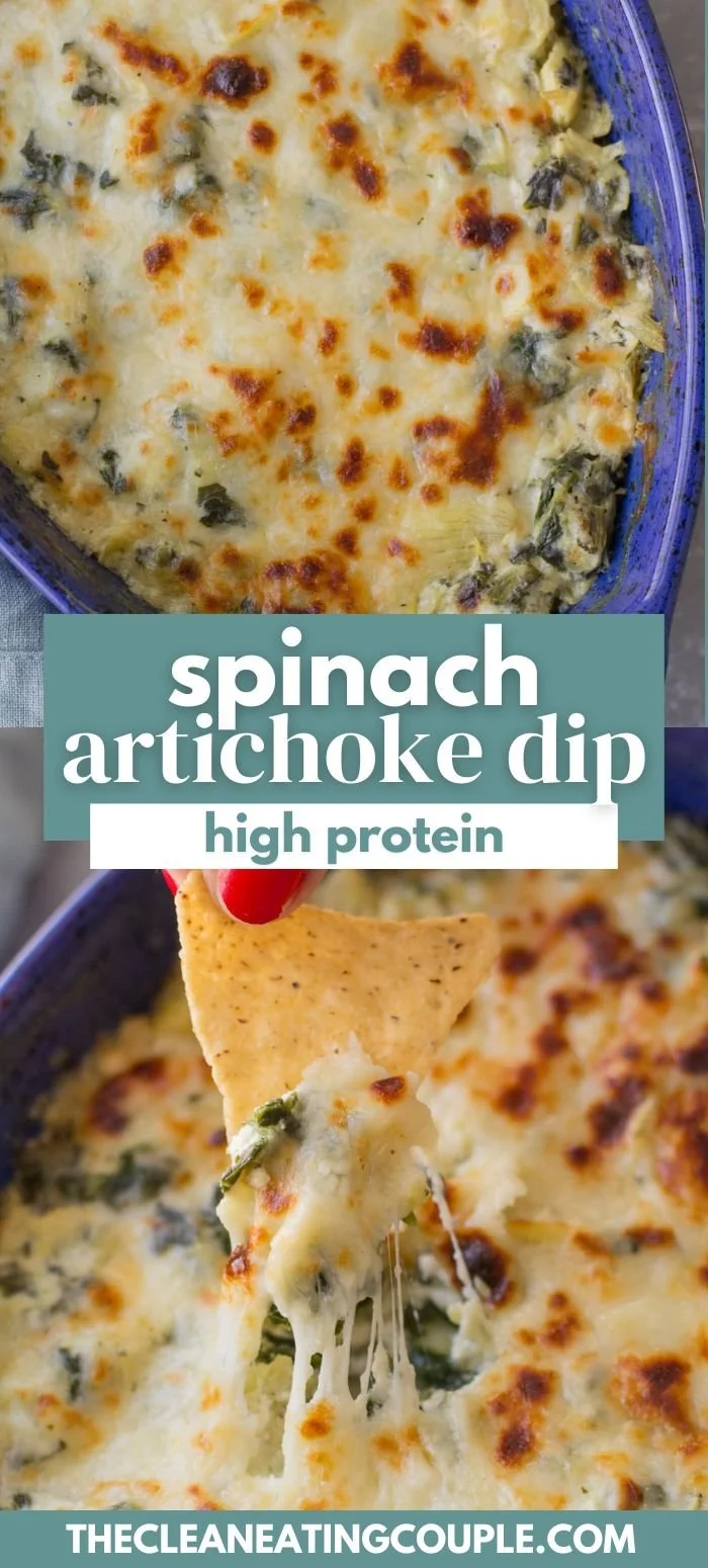 High protein spinach artichoke dip served in a bowl with fresh vegetables.