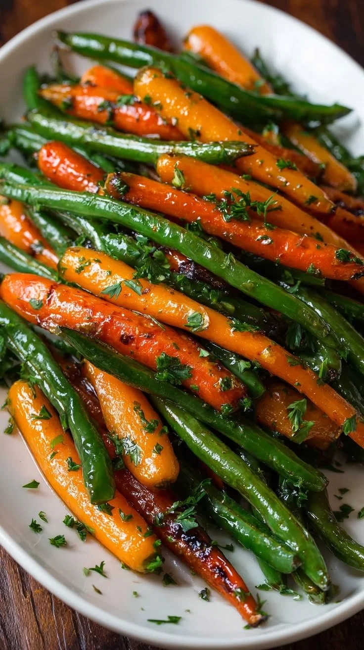 Honey glazed carrots and green beans in a bowl, perfect for side dishes.