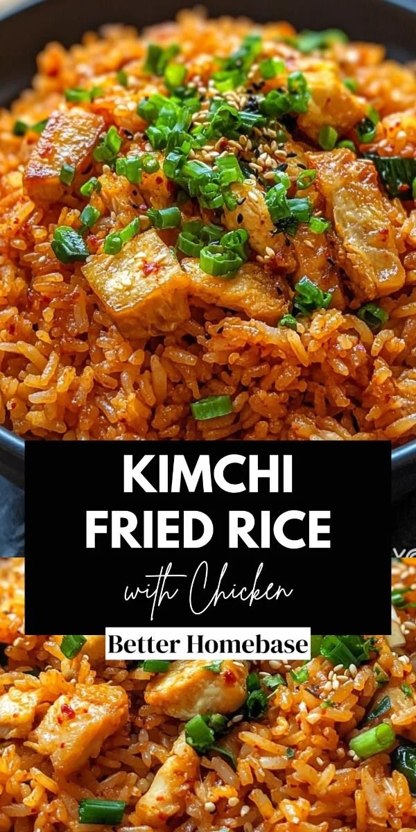 Delicious bowl of Kimchi Fried Rice with Chicken, garnished with green onions.