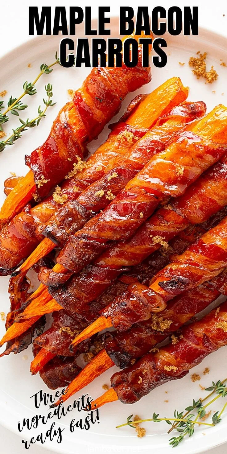 Maple Bacon Carrots served in a bowl, drizzled with maple syrup and crispy bacon.