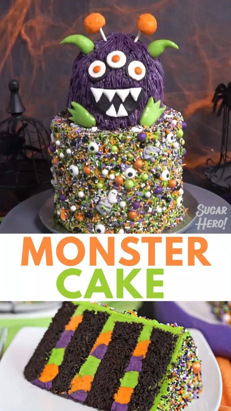 Colorful Monster Cake decorated with fun frosting and edible eyes.