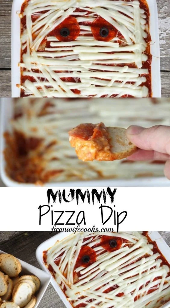 Mummy Pizza Dip with cheese and pepperoni in a spooky Halloween presentation.