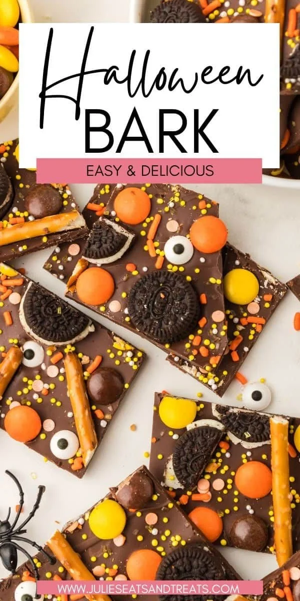 Delicious no-bake Halloween bark topped with colorful candies and festive sprinkles.