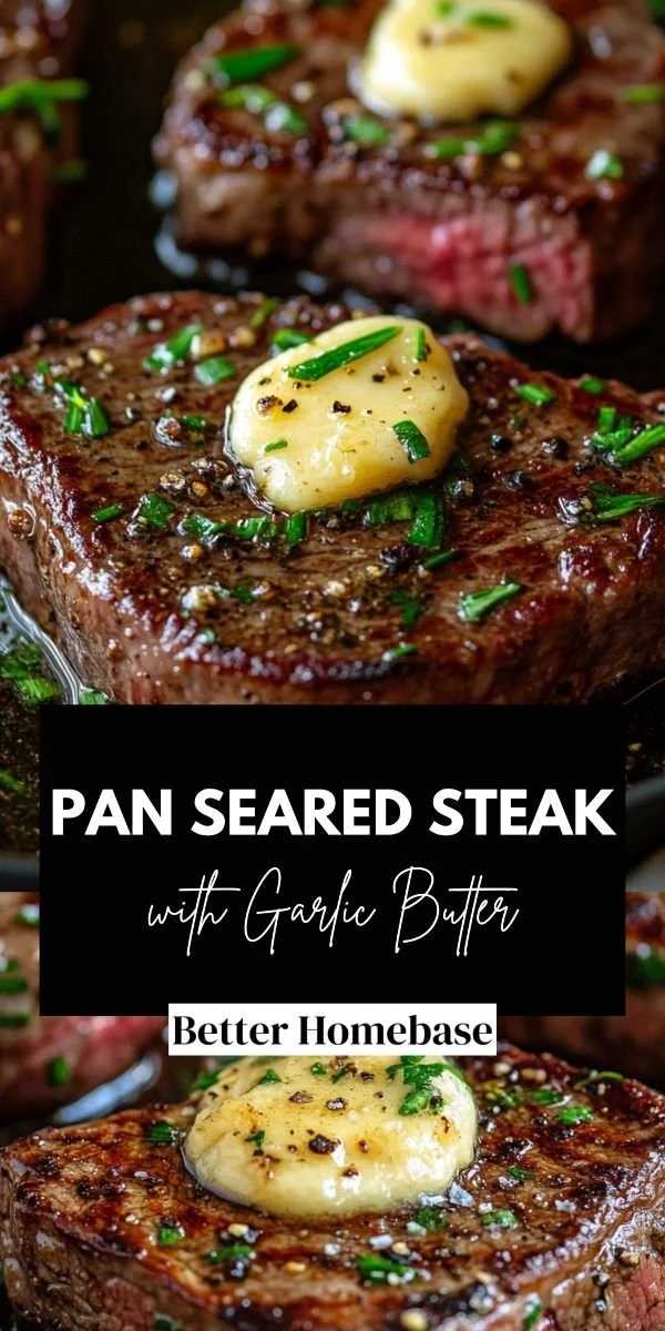 Delicious pan seared steak topped with garlic butter and herbs