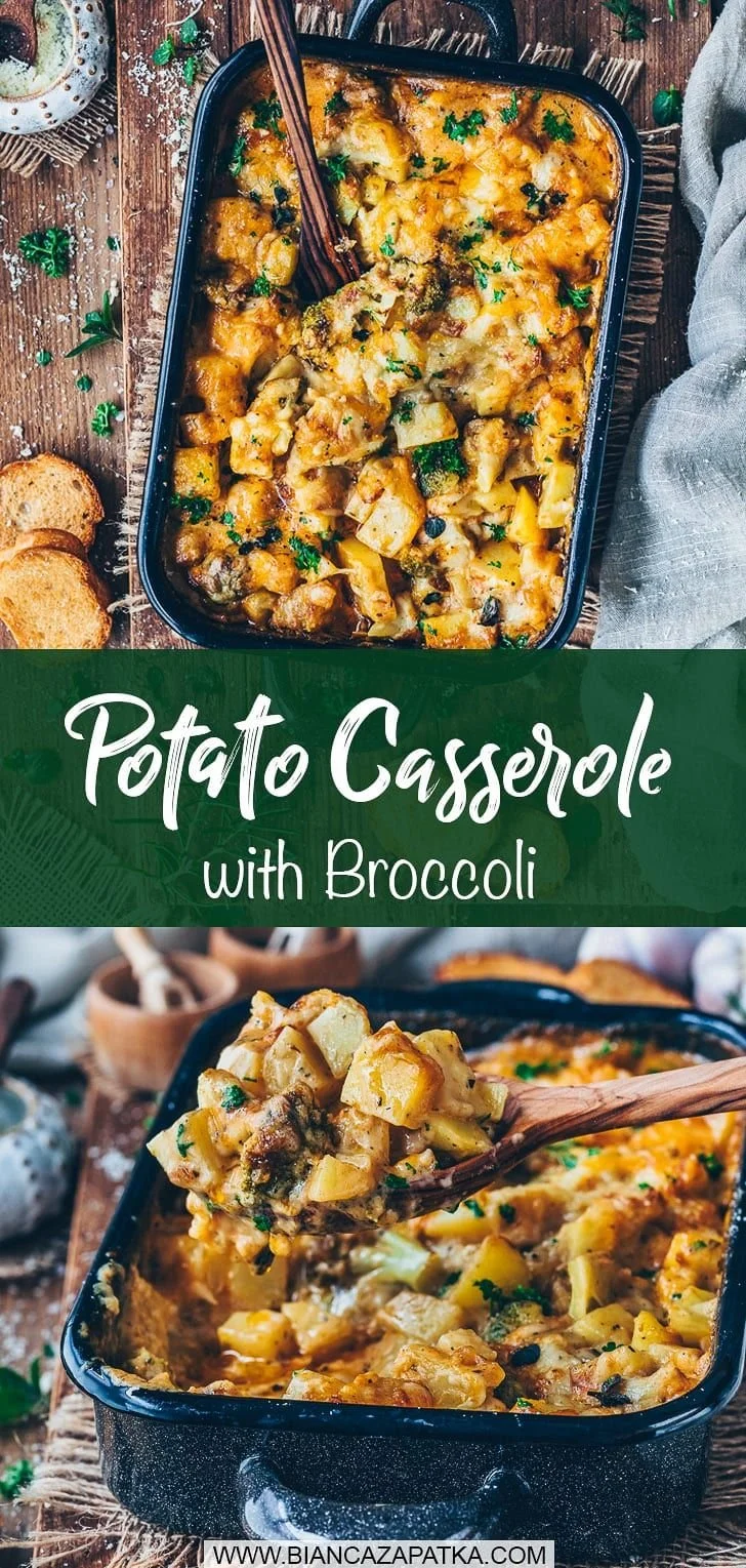Vegetarian potato casserole with broccoli and vegetables baked to perfection.
