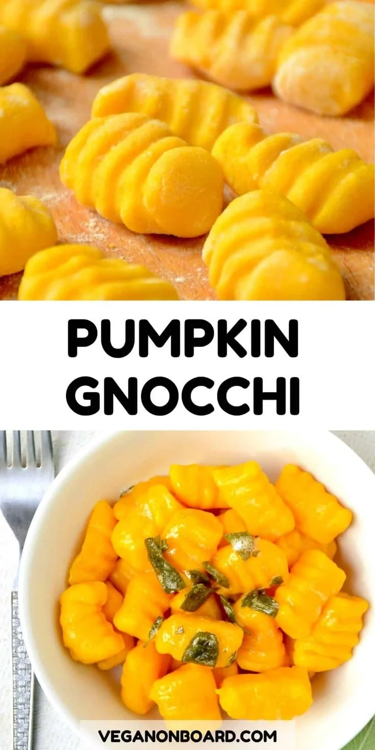 Delicious homemade pumpkin gnocchi served with sage butter sauce.