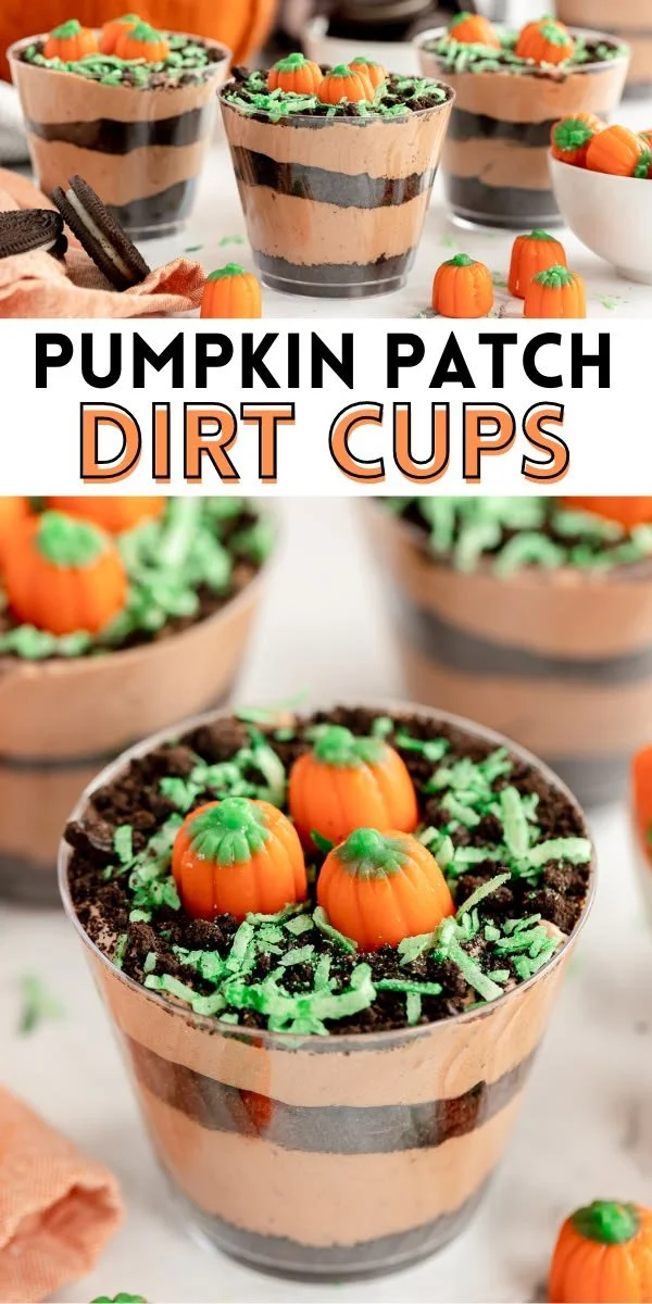 Pumpkin Patch Dirt Cups dessert in festive pumpkin-themed cups