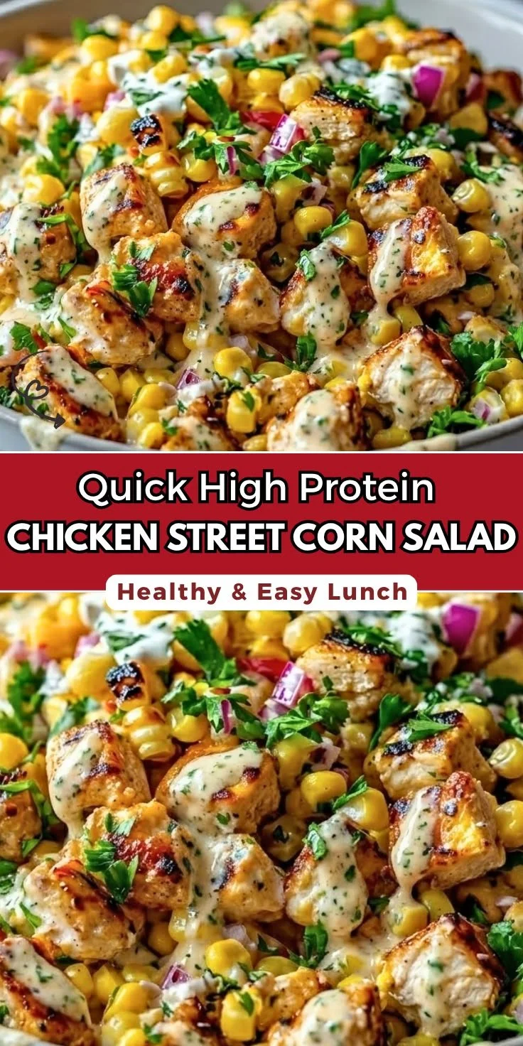 High protein chicken salad with street corn in a bowl, perfect for lunch prep