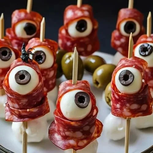 Spooky appetizers featuring Salami Mozzarella Eyeballs ready for Halloween