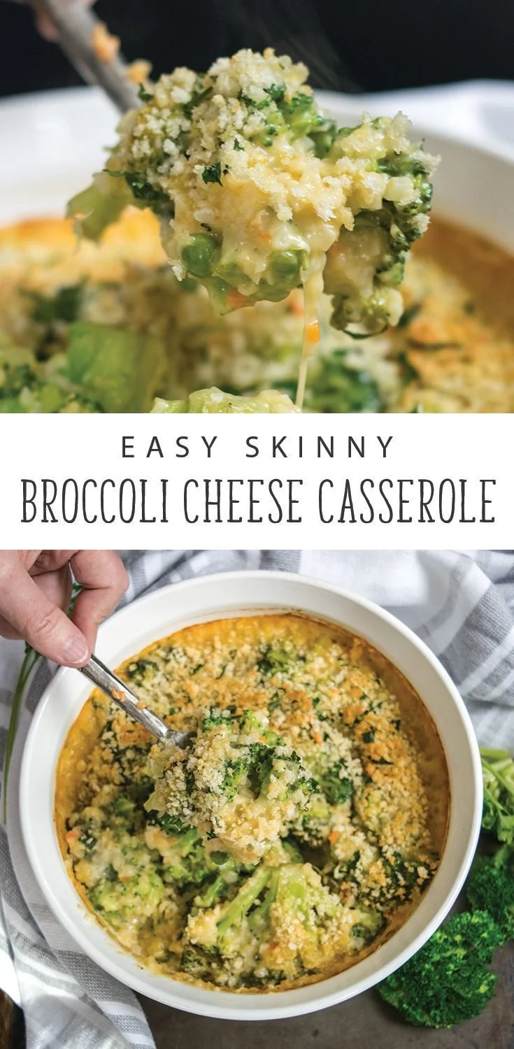 Skinny broccoli cheese casserole dish with melted cheese and broccoli florets