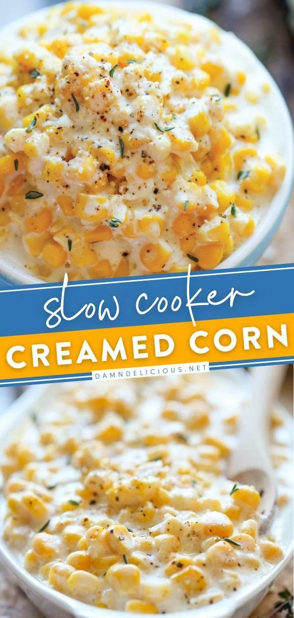 Delicious slow cooker creamed corn served in a white bowl