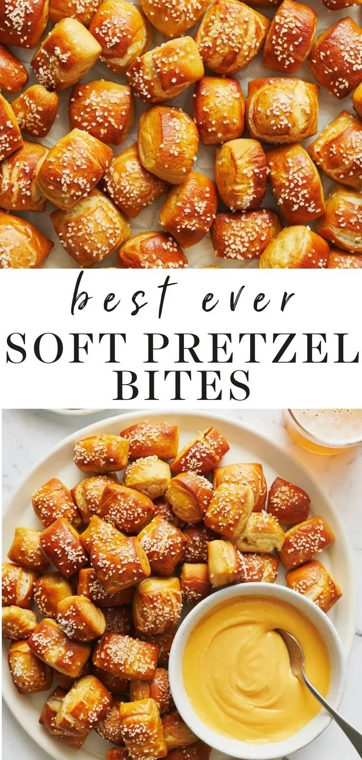 Delicious buttery soft pretzel bites served with dipping sauce.