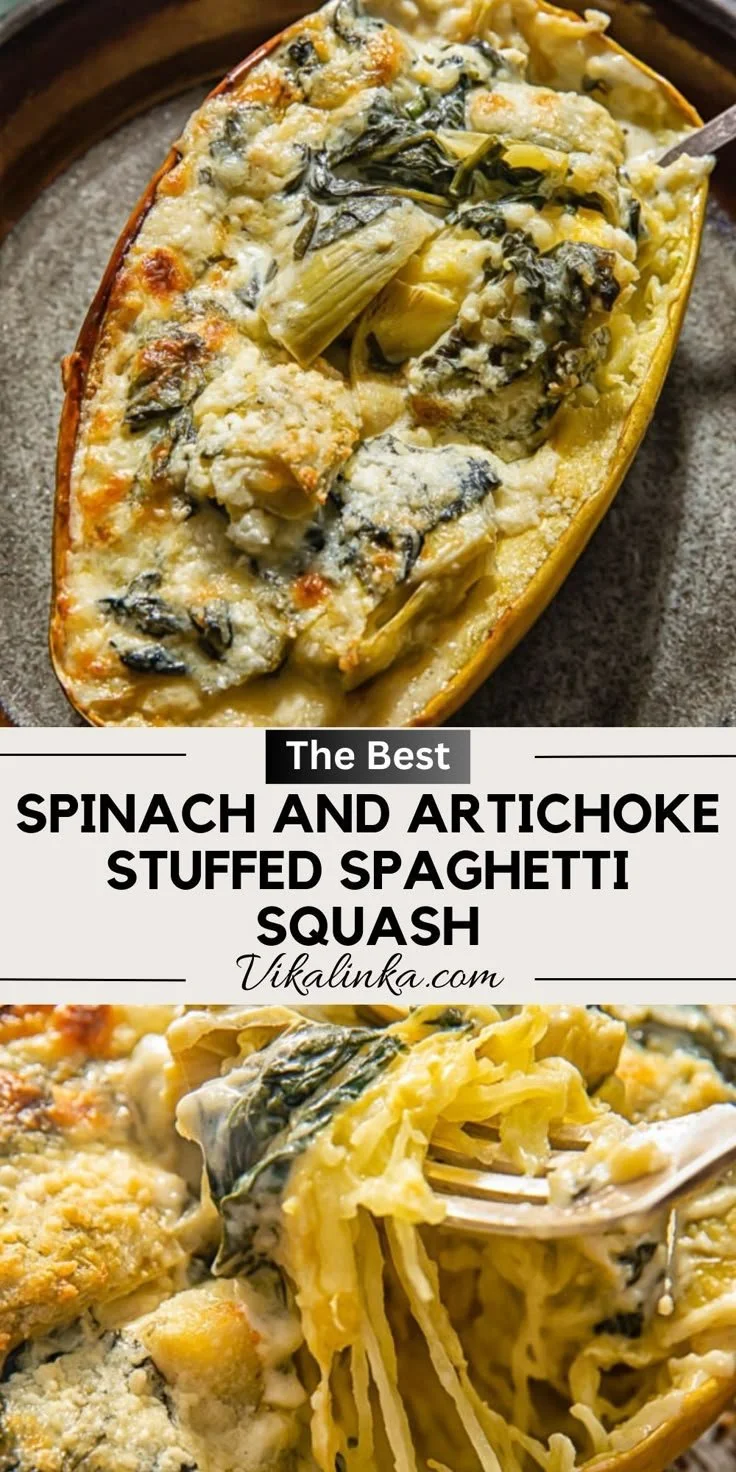 Spinach and artichoke stuffed spaghetti squash dish on a plate