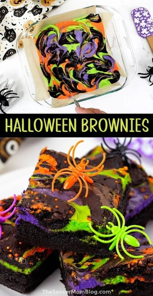 Spook-tacular Halloween Cheesecake Brownies served on a festive plate