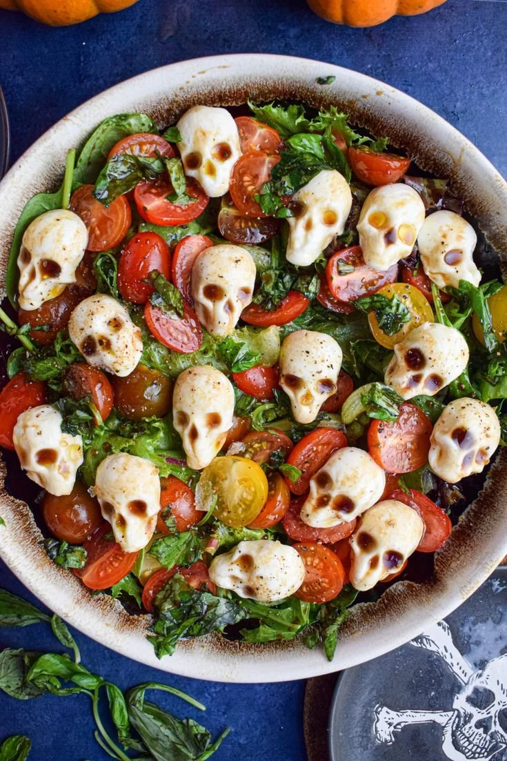 Spooky Skeleton Caprese salad served for Halloween dinner