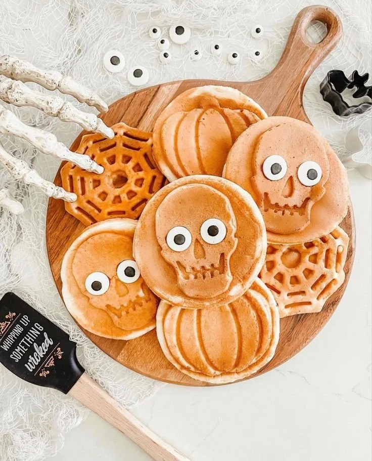 Colorful Halloween waffles decorated for kids with spooky themes