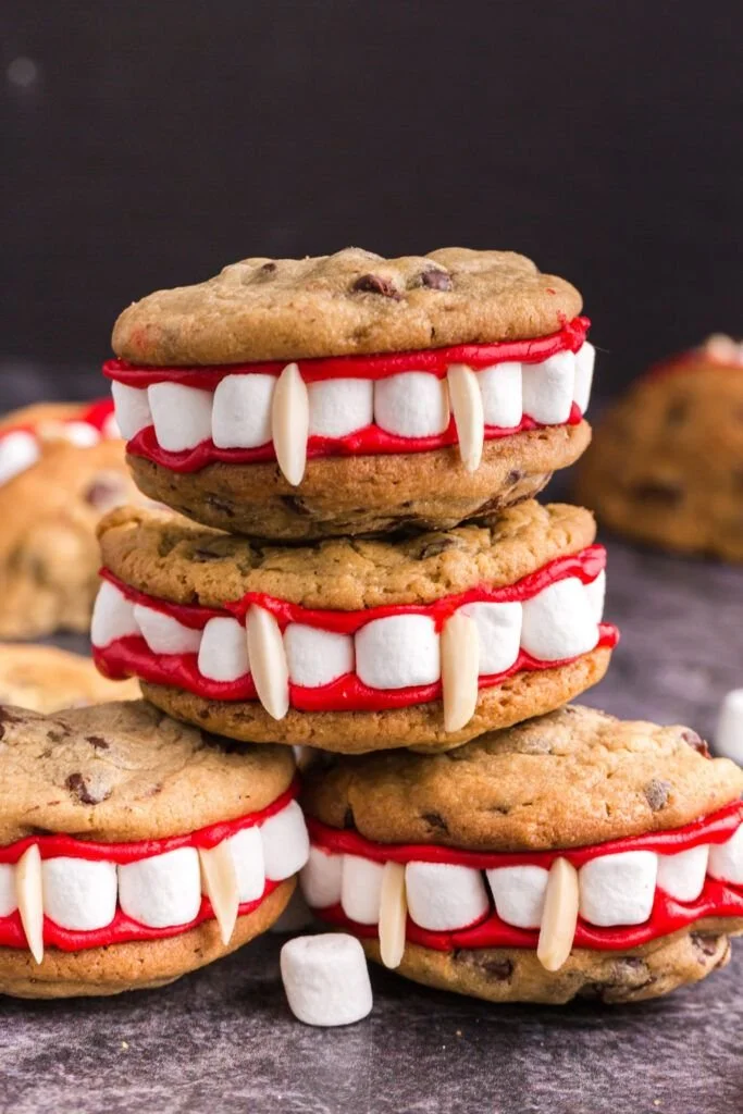 Spooky vampire teeth cookies decorated for Halloween