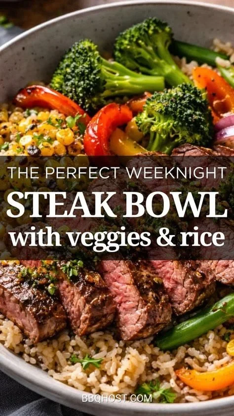 Delicious steak bowl with smoky steak, rice, and fresh vegetables