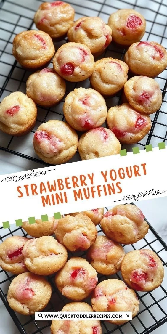 Freshly baked strawberry yogurt mini muffins on a cooling rack