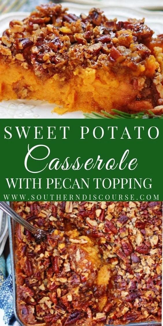 Delicious sweet potato casserole topped with pecans in a baking dish