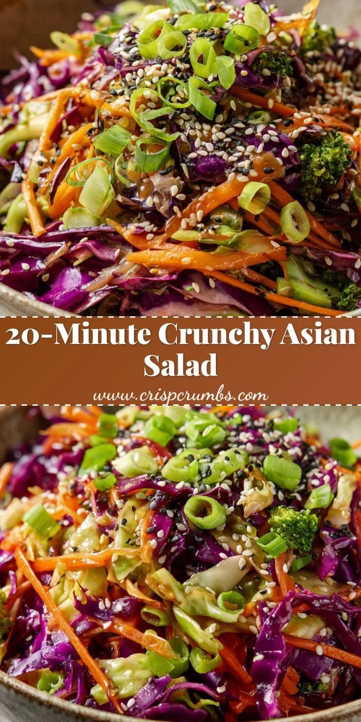 Bowl of crunchy Asian cabbage salad topped with sesame seeds and dressing.