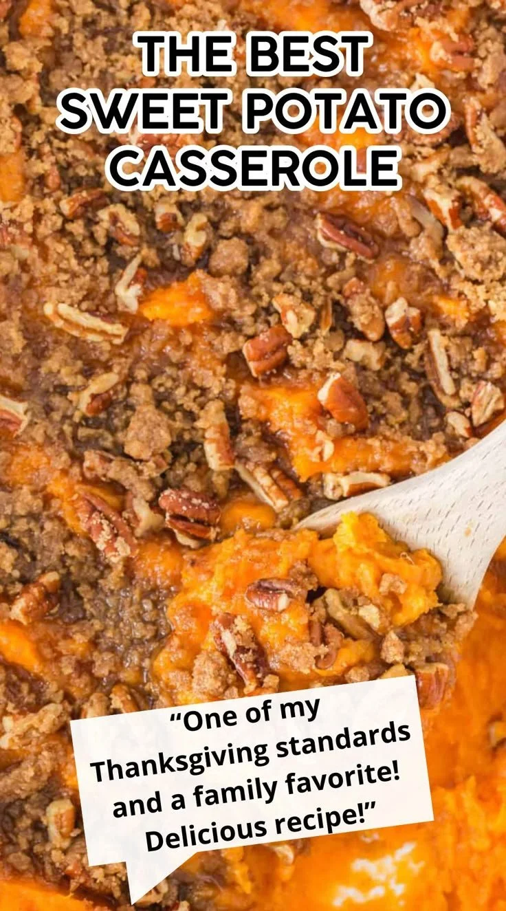 Deliciously baked sweet potato casserole topped with marshmallows and pecans.